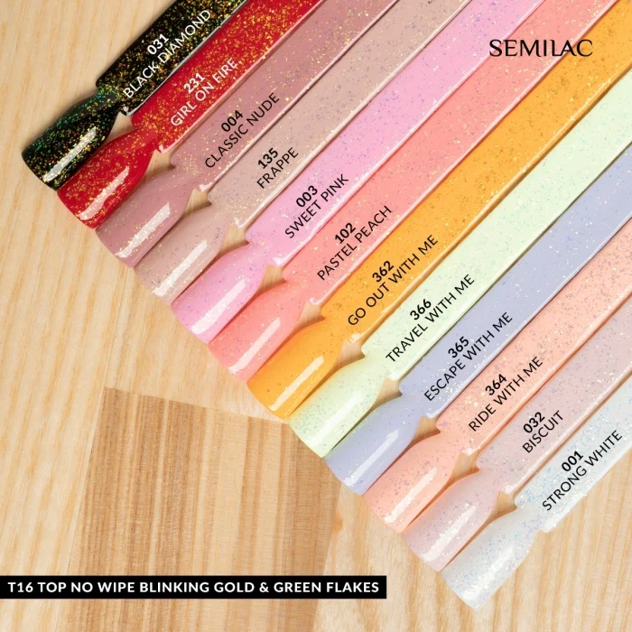 T16 Semilac Top No Wipe Blinking Gold & Green Flakes 7ml